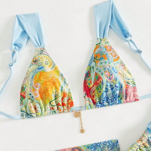 Multicolor Boho Women's Paisley Print Lightweight 3-Piece Bikini Set - Picture 4 of 6